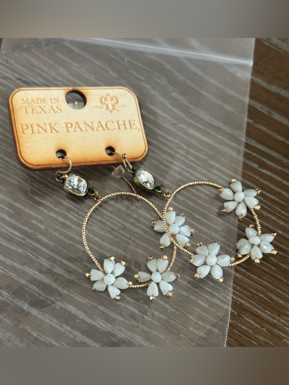Pink Panache Gold Hoop Earrings with White Floral Accents